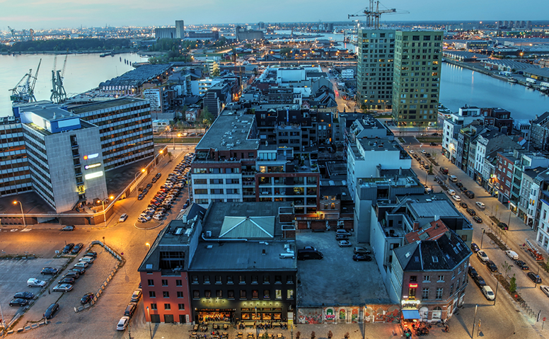 Belgium: Aerial panorama of Antwerp city centre at dusk Belgium: Aerial panorama of Antwerp city centre at dusk